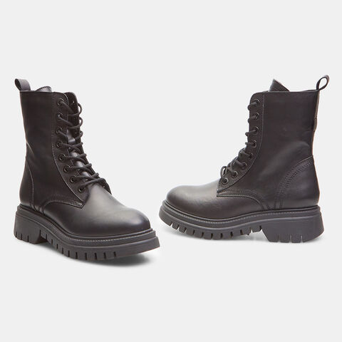 Botas Militares De Piel Con Suela Dentada, Negro Botas Militares De Piel Con Suela Dentada, Negro